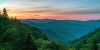 In the great Smoky Mountains National Park, layers of mountain ranges stretch into the distance, gradually fading into the colorful hues of sunrise. Dominated by a vast expanse of greenery and the tranquil beauty of nature, the sky is alive with warm colors blending seamlessly into the cooler tones of the coming day.