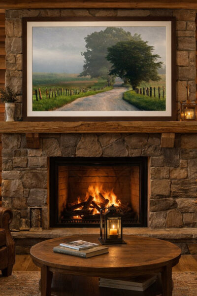 Hang this image over a fireplace in a log cabin style den with two chairs and a coffee table and end tables with windows
