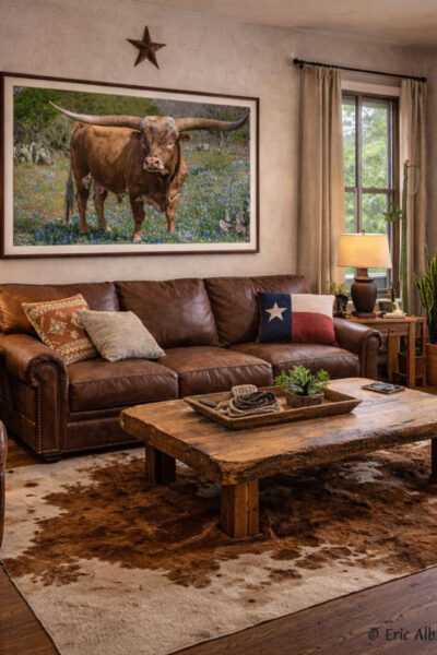 Hang this photo on the wall of a living room with a western or texas theme with windows and a few plants