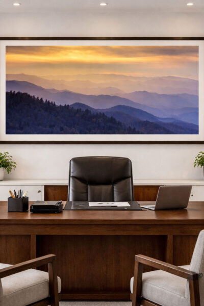 In a bright modern office setting hang this image on the wall behind an executive style desk with windows and additional chairs in front of desk