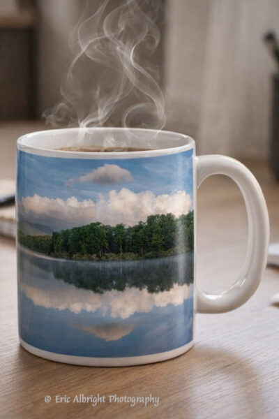 Wrap this image around a coffee cup with steam rising from cup sitting on a work desk